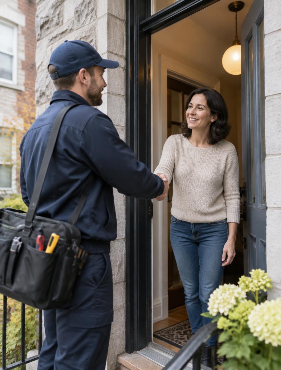 Prestataire accueilli à la porte d'un immeuble résidentiel montréalais